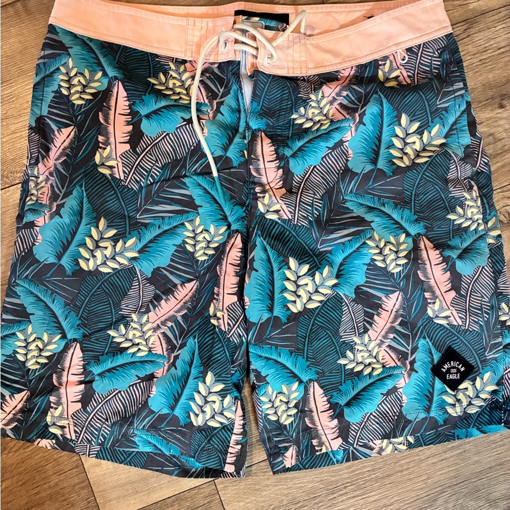 American Eagle Outfitters Teal & Peach Tropical Leaf Swim Shorts